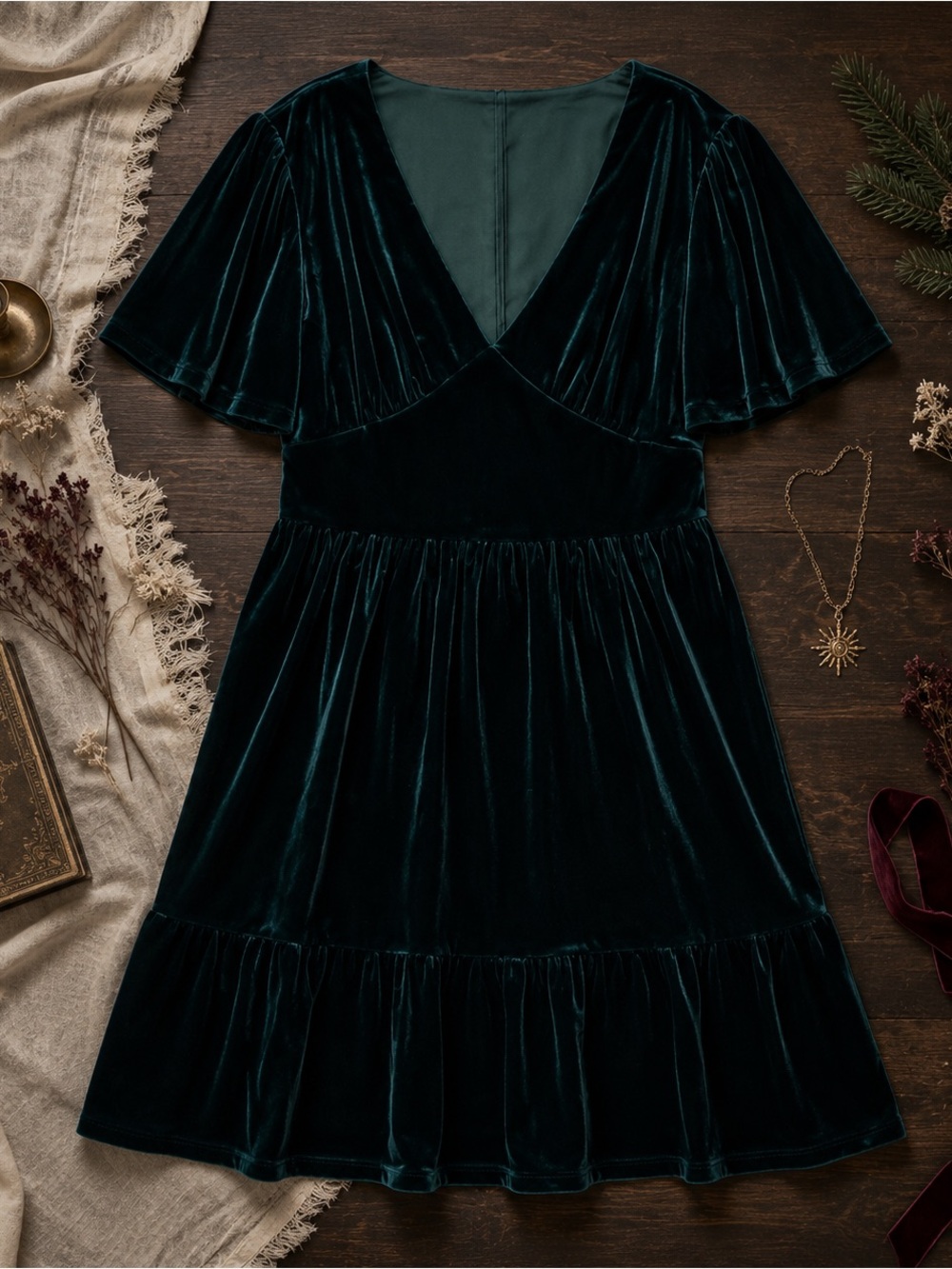 In Loom Emerald Green Velvet Dress Medium Flutter Sleeve